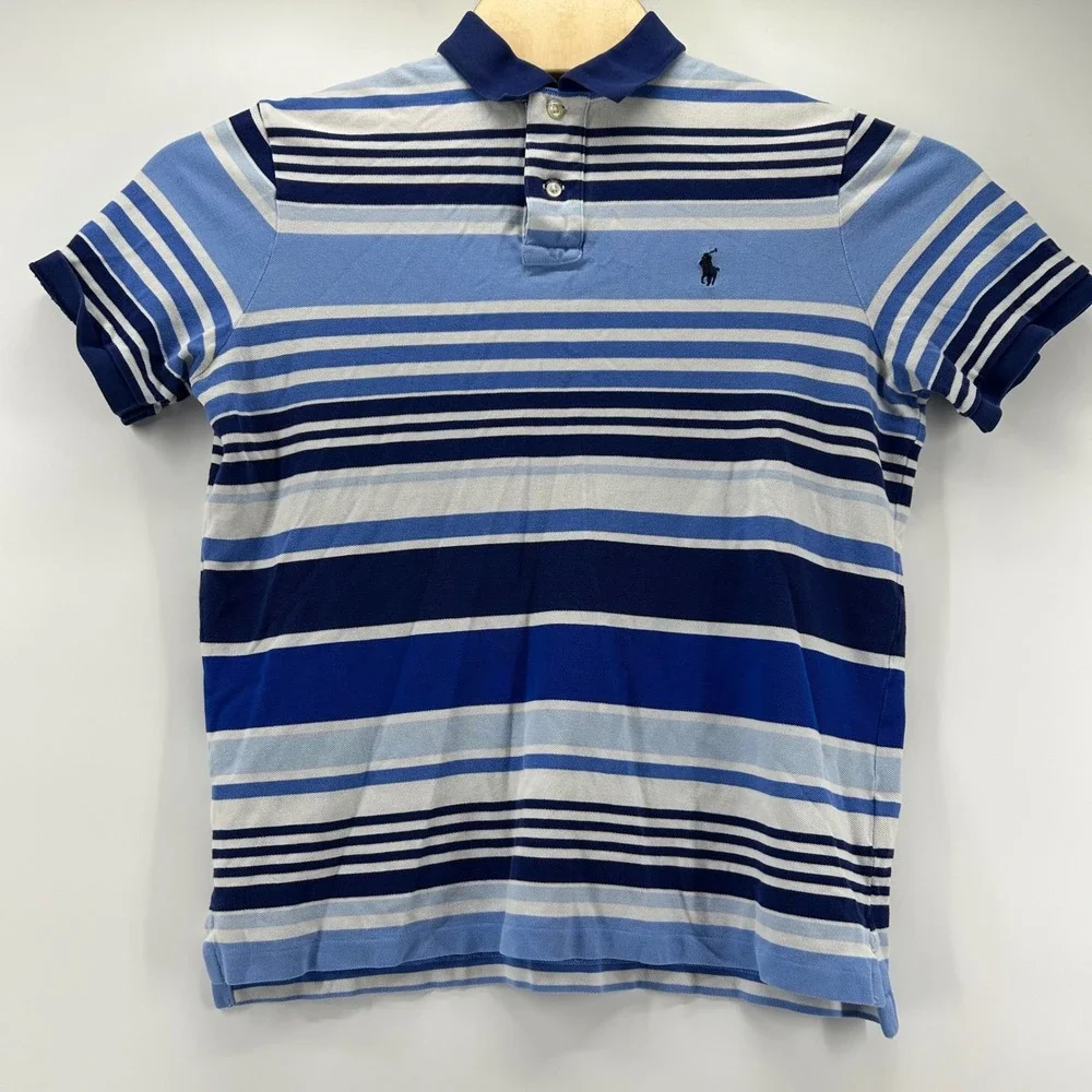 Polo Ralph Lauren Polo Shirt Mens M Blue Striped Classic Fit Short Sleeve Pony